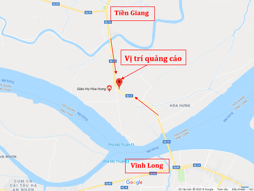 Bản đồ vị trí Bảng quảng cáo ngoài trời QL1A, Tiền Giang (Hitachi)