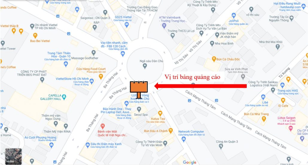 Bản đồ vị trí Bảng quảng cáo ngoài trời vòng xoay Dân Chủ, quận 3, Hồ Chí Minh