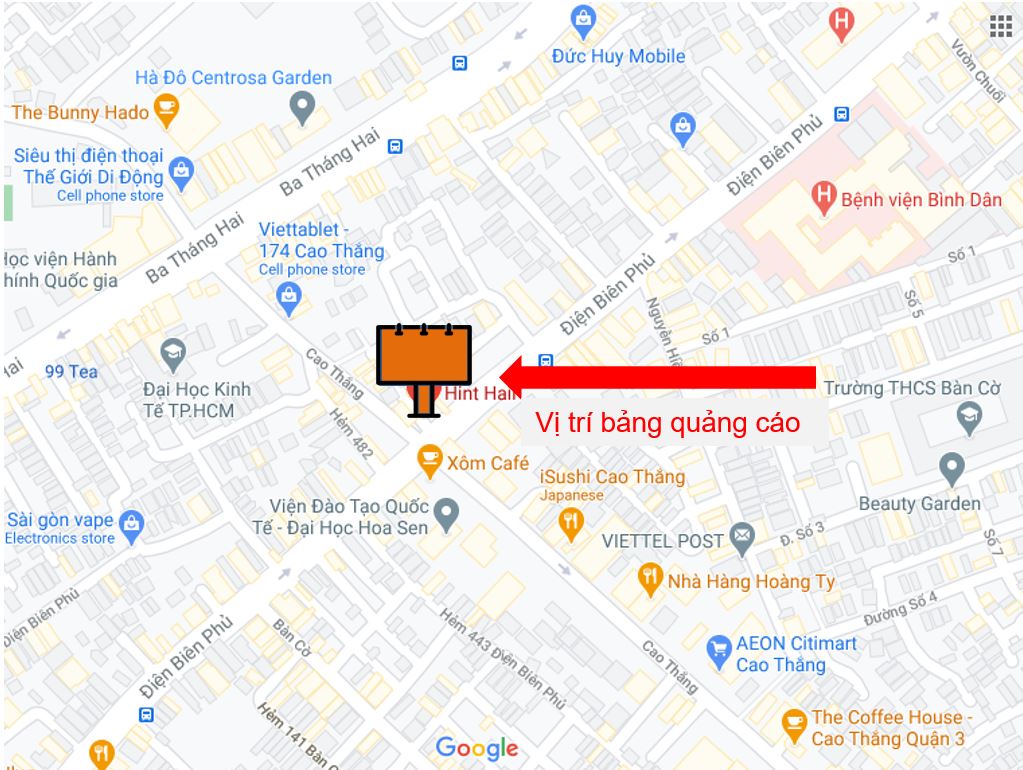 Bản đồ vị trí Bảng quảng cáo ngoài trời ngã tư Cao Thắng – Điện Biên Phủ, quận 10, Hồ Chí Minh